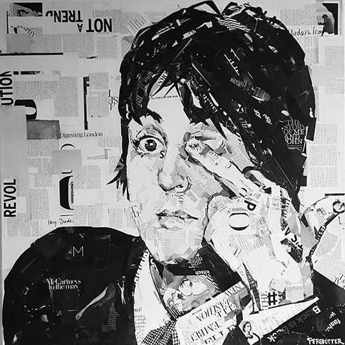 Tavla/ Decollage 1 x 1 m med motiv av Paul McCartney stulen i Höganäs,